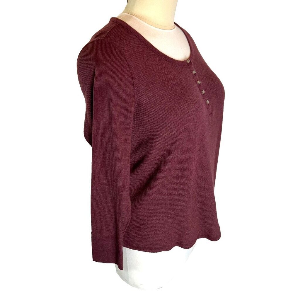 Terra & Sky - Women's 2X Henley Neck Long Sleeve Tee Shirt Burgundy Ribbed - Picture 3 of 10